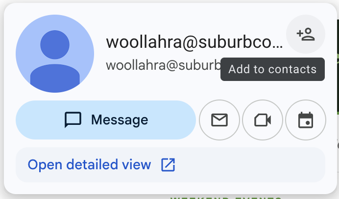 Gmail hover popup showing the Add to contacts button in the top-right corner